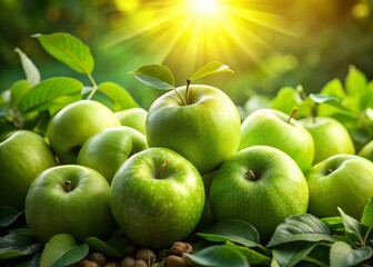 Hyperrealistic Imagery of Fresh Juicy Green Apples Bathed in Sunlight, Capturing the Essence of Summer and Health with Lush Leaves and Vibrant Colors