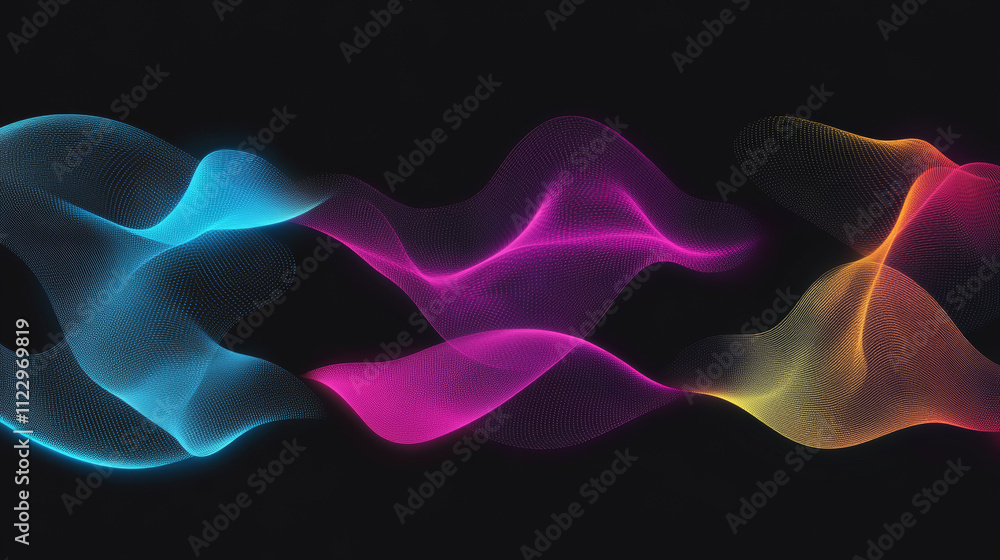 Poster set of glowing neon color circles round curve shape with wavy dynamic lines isolated on black backgr