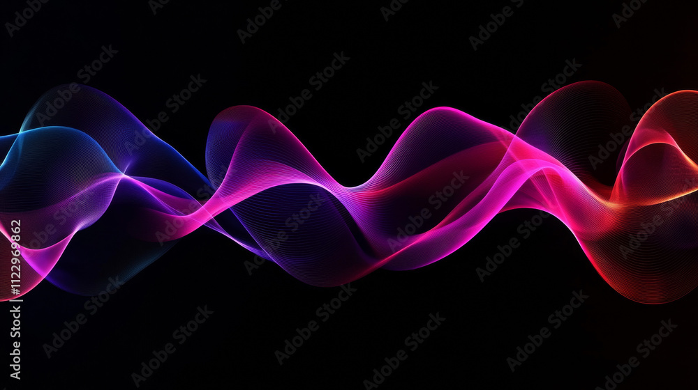 Aufkleber set of glowing neon color circles round curve shape with wavy dynamic lines isolated on black backgr