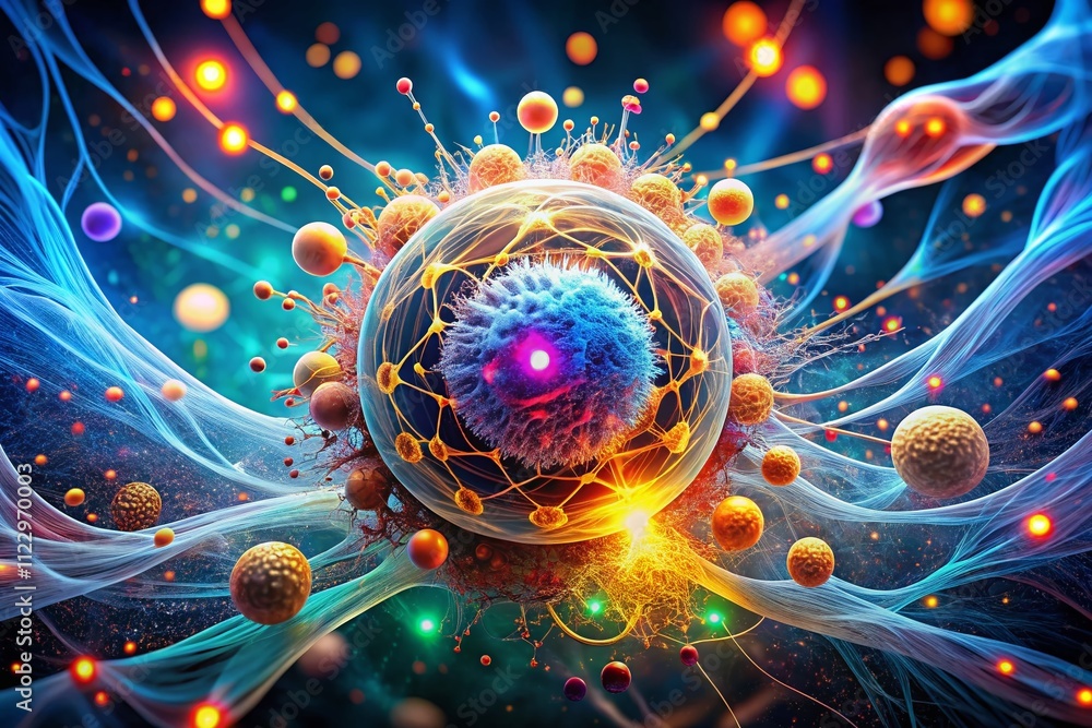 Poster illuminated human cell metabolizing drug with energy transfer in long exposure - abstract visualizat