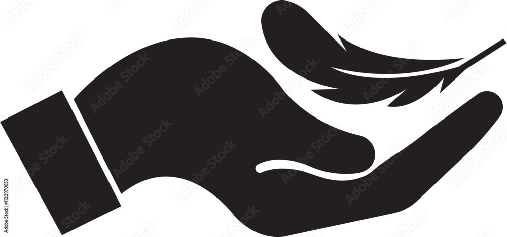 Aufkleber feather in hand icon. lightweight sign. sensitive vector with soft feather symbol in flat style. con