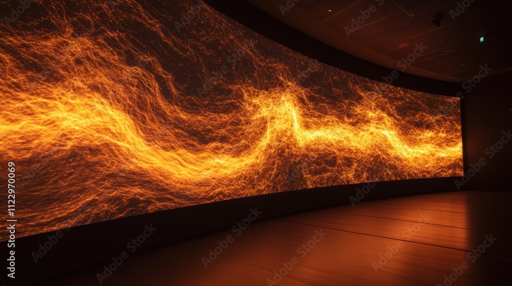 Poster a dynamic, glowing display simulating flowing lava or molten material on a curved screen.