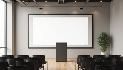 Minimalist conference room with blank projector screen and podium in contemporary design