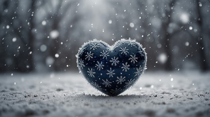 Fototapeta premium Frosty heart shaped ornament in snowy winter scene, symbolizes love and warmth in the cold season for winter-themed designs and backgrounds.