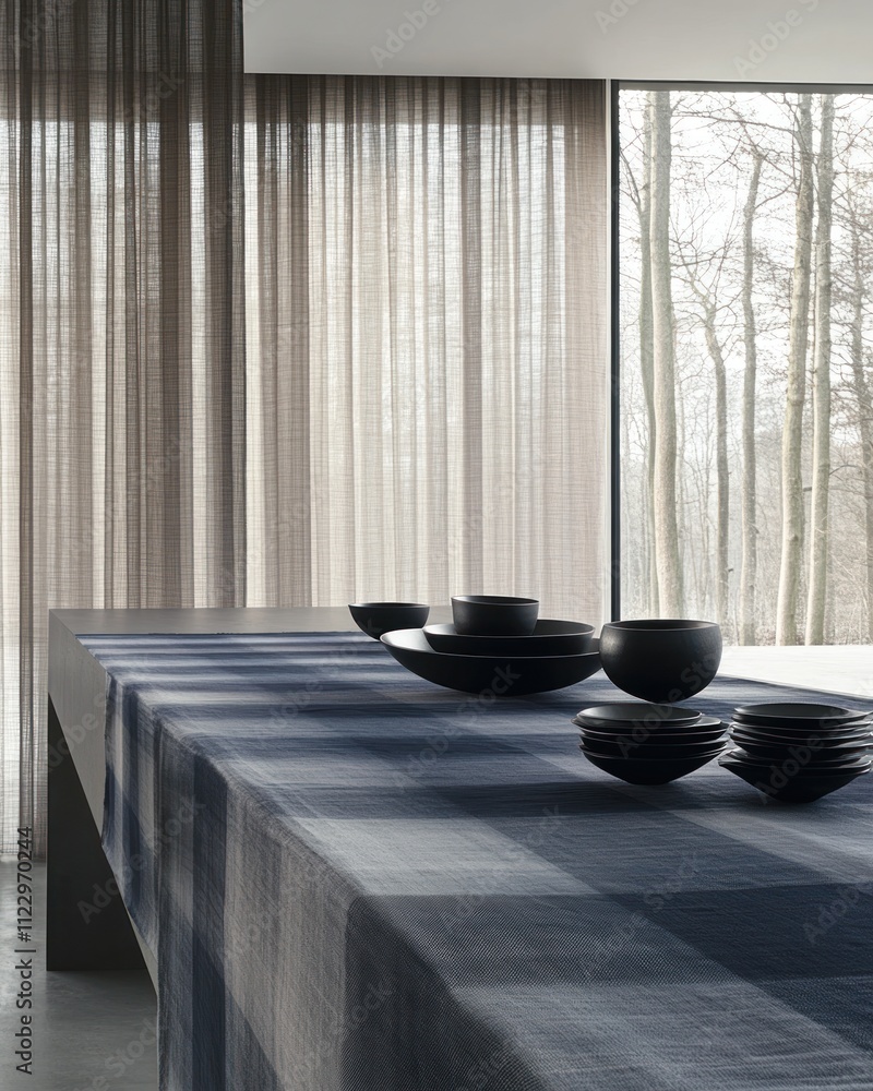 Poster a modern dining setup featuring a table with black tableware against a serene backdrop.