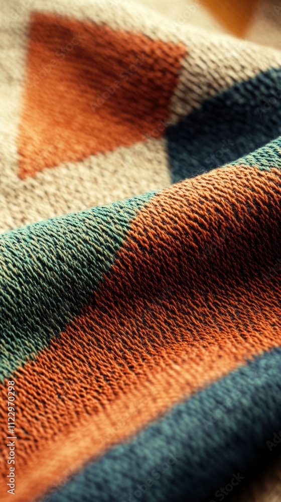 Poster a close-up of a textured fabric with geometric patterns in warm colors.