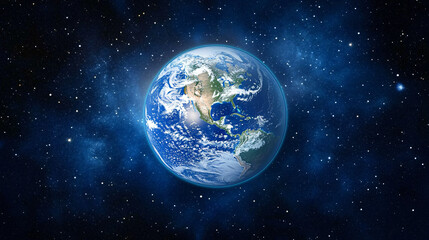 Fototapeta premium An ethereal view of Earth with soft blue oceans and glowing green landmasses under stars.