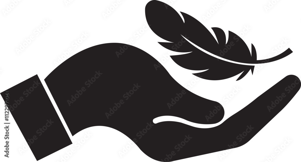 Aufkleber feather in hand icon. lightweight sign. sensitive vector with soft feather symbol in flat style. con