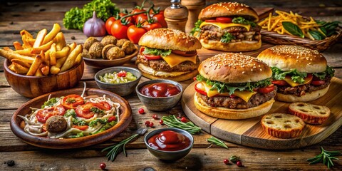 Indulgent Feast: A Mouthwatering Spread of Comfort Food Perfect for a Cozy Gathering or a Hungry Appetite, Featuring Burgers, Pizza, and Decadent Desserts
