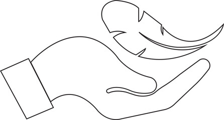 Fototapeta premium Feather in hand icon. Lightweight sign. Sensitive vector with soft feather symbol in line style. Concept of light weight clothing fabric, light beauty product badge isolated on transparent background.