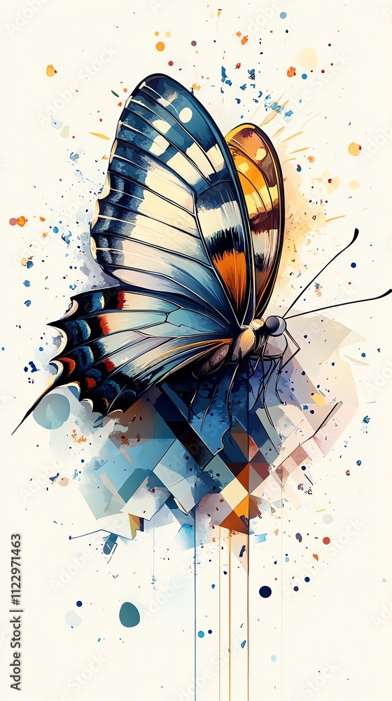 Poster a vibrant butterfly illustration with abstract shapes and splashes of color.