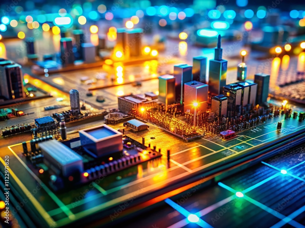 Poster innovative ai board technology enabling rapid data transfer in a 5g background with tilt-shift photo