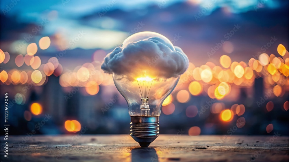Poster innovative cloud computing concept with glowing cloud inside a light bulb surrounded by bokeh effect