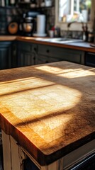 A wooden kitchen countertop illuminated by sunlight, creating a warm and inviting atmosphere.