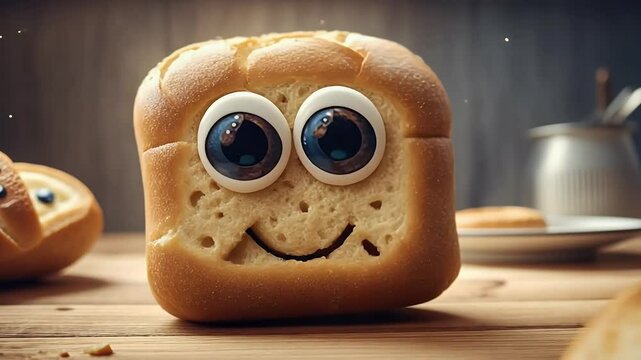 cute funny character cartoon bread 4k design video food face