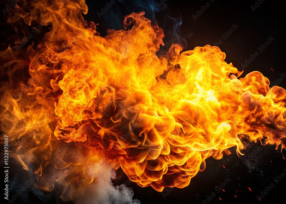Poster intense fire blasts on black background captured in closeup, perfect for dynamic visuals and powerfu
