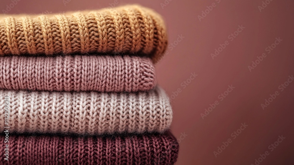 Poster a collection of stylish mocha mousse colored sweaters neatly stacked, showcasing soft textures perfe