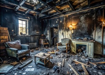 Interior of a Burnt House: A Haunting Look at the Consequences of Fire Damage on Home Spaces and the Emotional Toll of Loss in a Devastated Environment