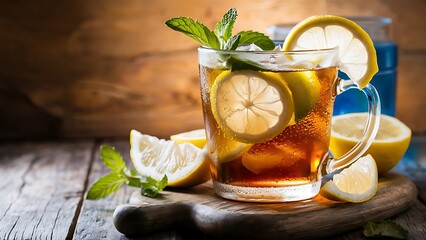 Ice tea with lemon and mint on a wooden background toning