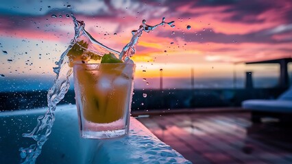 Cooling summer drink cocktail glasses splashing on sunset close up wet glass of cold drink on the terrace selective focus