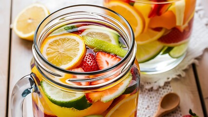 Fresh detox fruit flavored water in a transparent glass jar