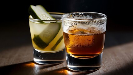 Pickleback alcoholic cocktail made from cucumber pickle and whiskey in small shot glasses hard light and shadows