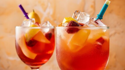 Refreshing cocktails with ice pomegranate seeds and slices of fruits on wooden background