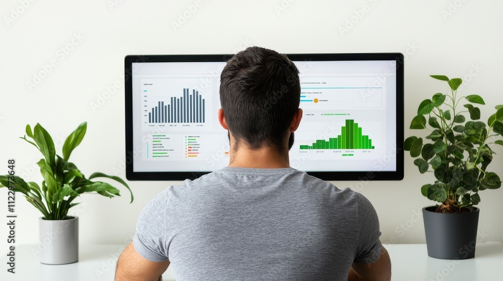 Poster seo keyword and data concept, digital marketer analyzing keyword trends on computer screen with plan