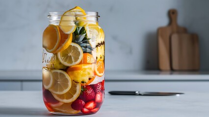 Fresh detox fruit flavored water in a transparent glass jar