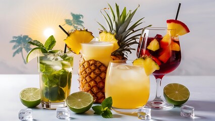A set of summer refreshing cocktails with ice on a light background