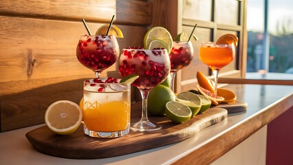 Cocktail with lemon and ice cubes on wooden table in bar