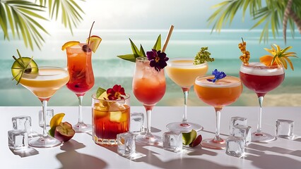 A set of summer refreshing cocktails with ice on a light background