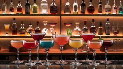 Glasses of cocktails on bar background