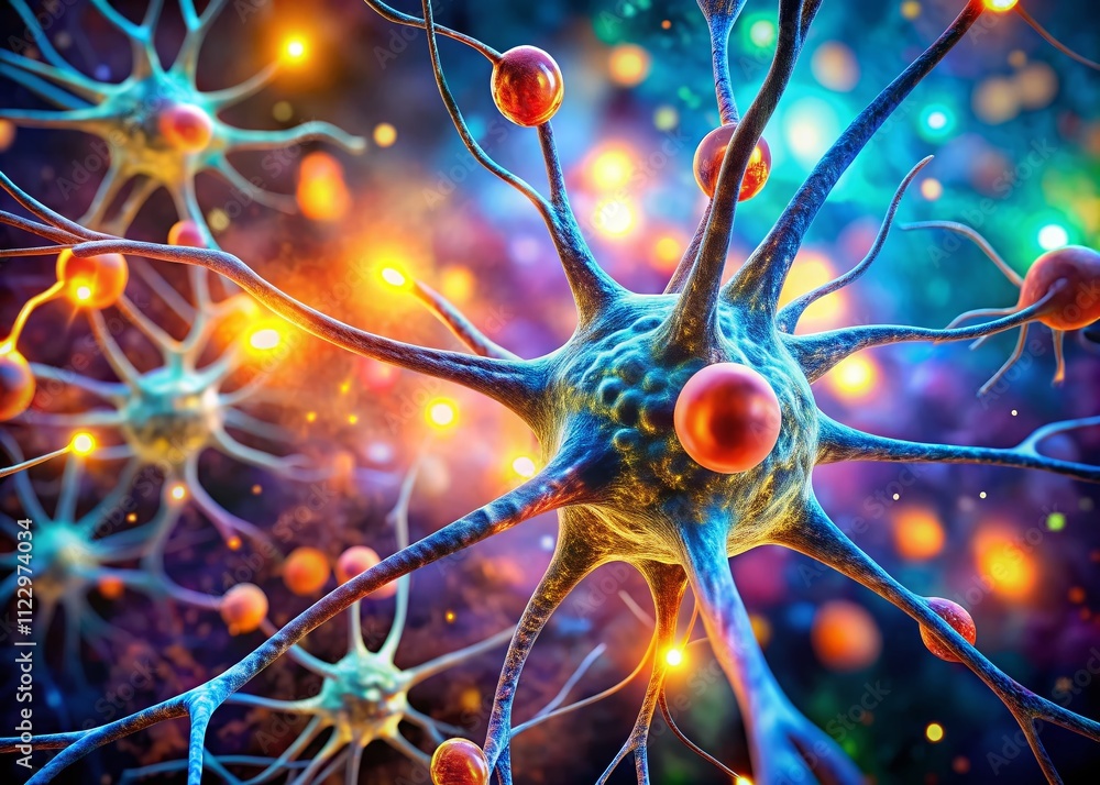 Poster intricate neuron cells network illuminated with bokeh effect, showcasing the complex beauty of the n