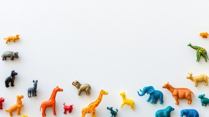 Fototapeta premium A colorful arrangement of toy animals on a white background, ideal for educational play.
