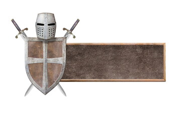 brown wooden frame and knights armour isolated on white