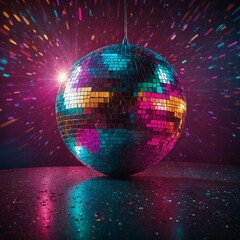 A retro-themed trivia night poster with a 1980s-style background, bright colors, and a sparkling disco ball.