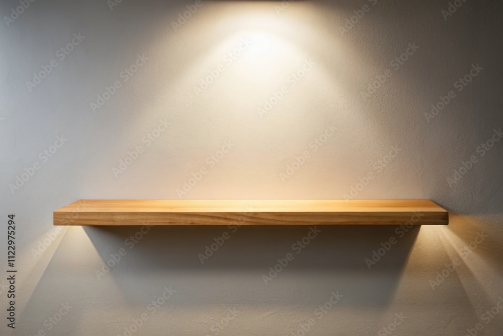 Poster isolated empty wooden shelf on a wall with long exposure effect, showcasing minimalist design and sp