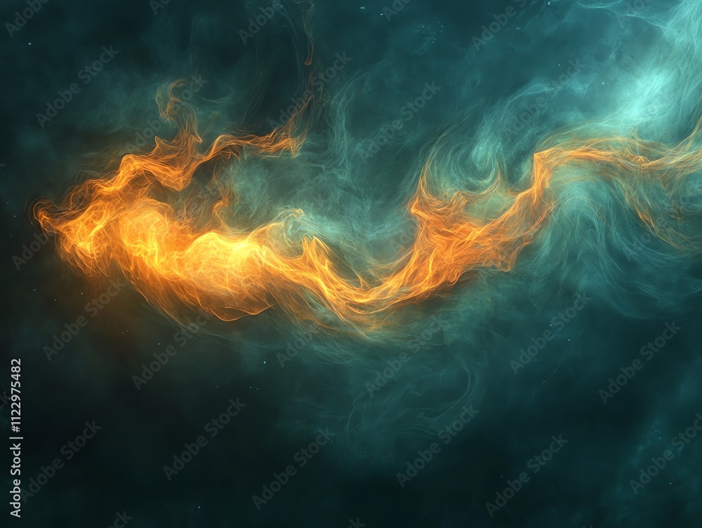 Poster abstract representation of swirling flames and smoke in a cosmic background.