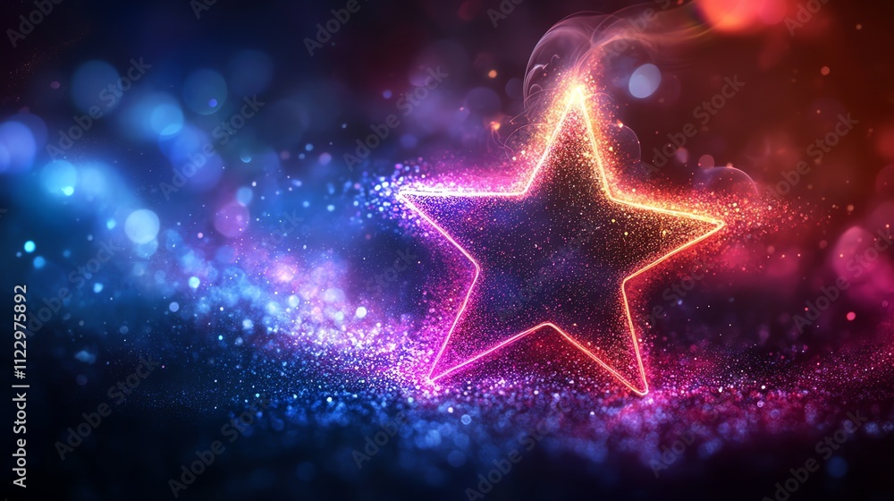 Poster a glowing star outlined in colorful sparkles and light against a vibrant background.