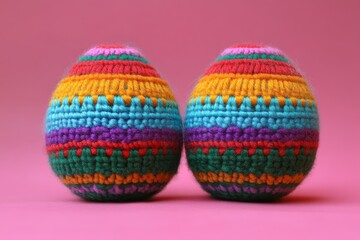 Obraz premium Two colorful, knitted egg-shaped objects against a pink background.