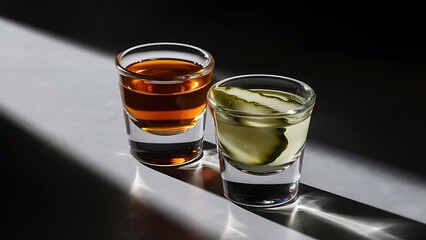 Pickleback alcoholic cocktail made from cucumber pickle and whiskey in small shot glasses hard light and shadows