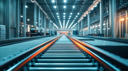 Industrial Warehouse Interior with Railway Tracks and Bright LED Lights in Modern Storage Facility, Perspective View of Train Track Leading into Depth of Hall