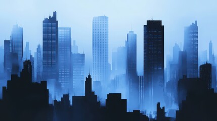 Obraz premium Cityscape with Tall Buildings and a Misty Atmosphere