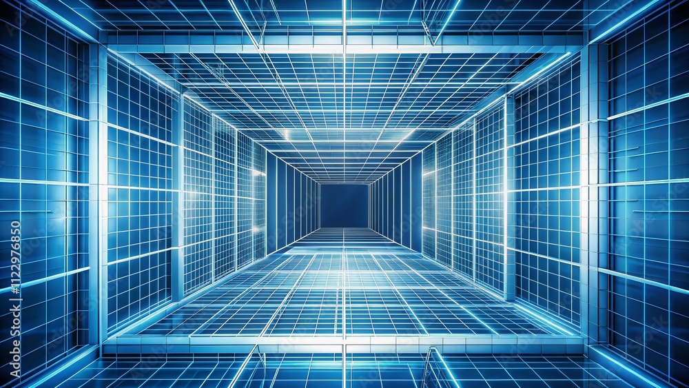 Poster isometric representation of a rectangle room in wireframe perspective with a blue background, showca