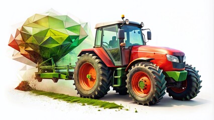 Obraz premium Isometric Low Poly Green Tractor with Red Fertilizer Spreader Isolated on White Background for Agricultural Equipment Collection