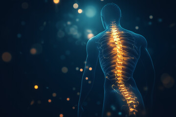 A person&rsquo;s silhouette with a highlighted curved spine to symbolize scoliosis. Subtle glowing light. Abstract medical background with copy space. 