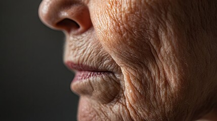 Obraz premium A close-up of the sagging skin under an elderly person's chin in soft lighting.