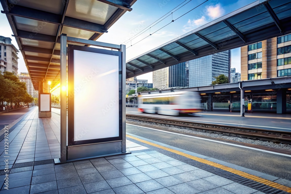 Poster large empty white billboard on a sidewalk at a train station, ideal for advertising or design, with 