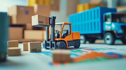 Forklift moving cardboard box near truck on charts in warehouse